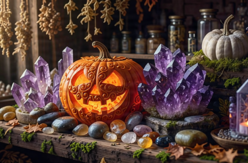 Bannière magique d'Halloween avec des cristaux et des citrouilles féériques