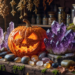 Bannière magique d'Halloween avec des cristaux et des citrouilles féériques