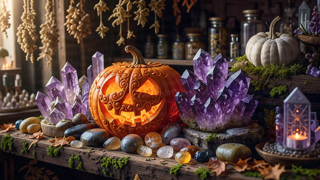 Bannière magique d'Halloween avec des cristaux et des citrouilles féériques