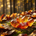 Bannière d'automne chaleureuse avec des feuilles mortes et des cristaux dorés