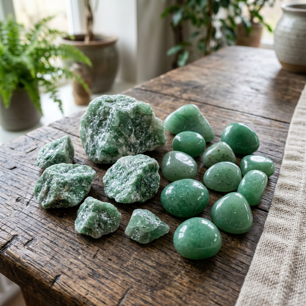 Raw and polished green stones arranged on a rustic wooden table