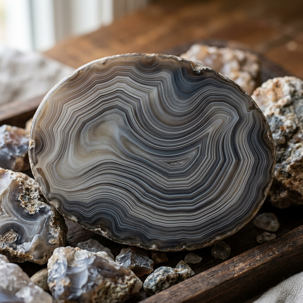 Polished agate slice with intricate gray and cream concentric bands
