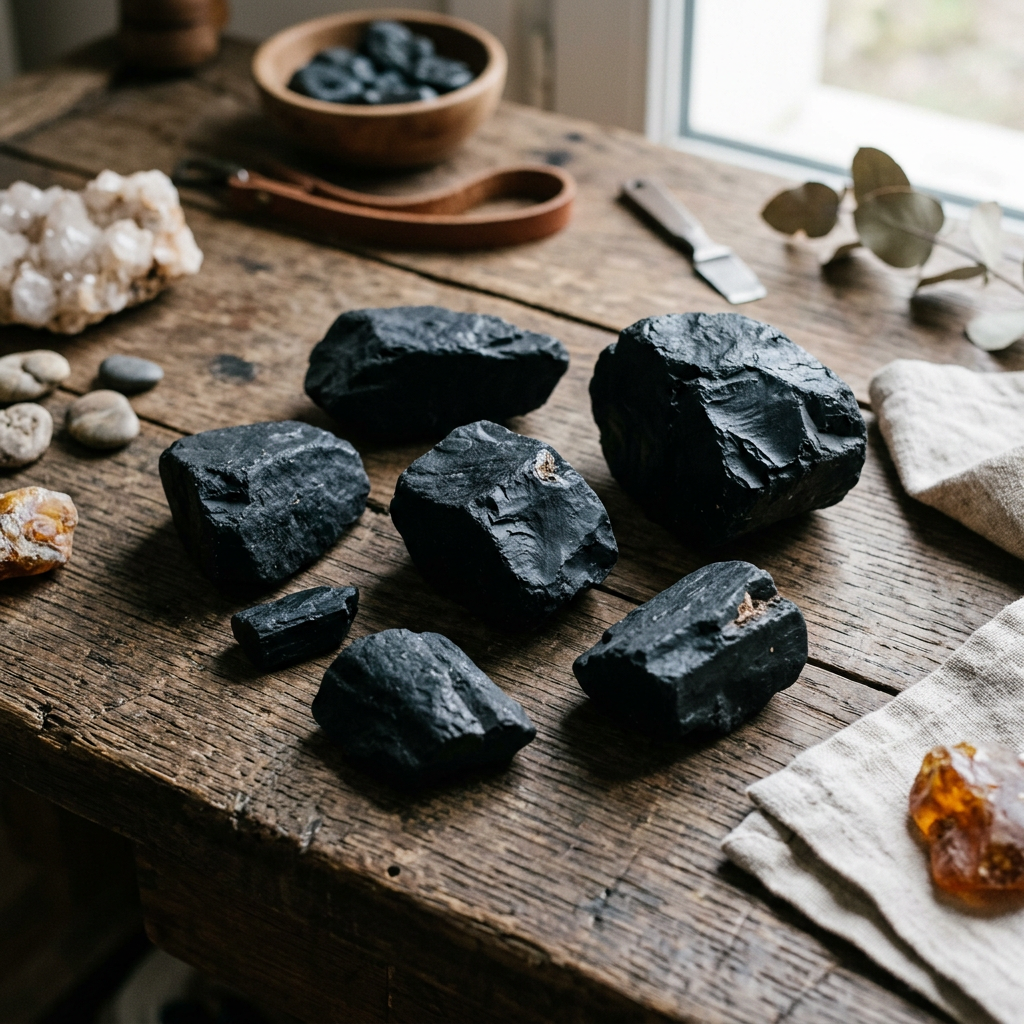 Several rough black stones arranged on a rustic wooden table