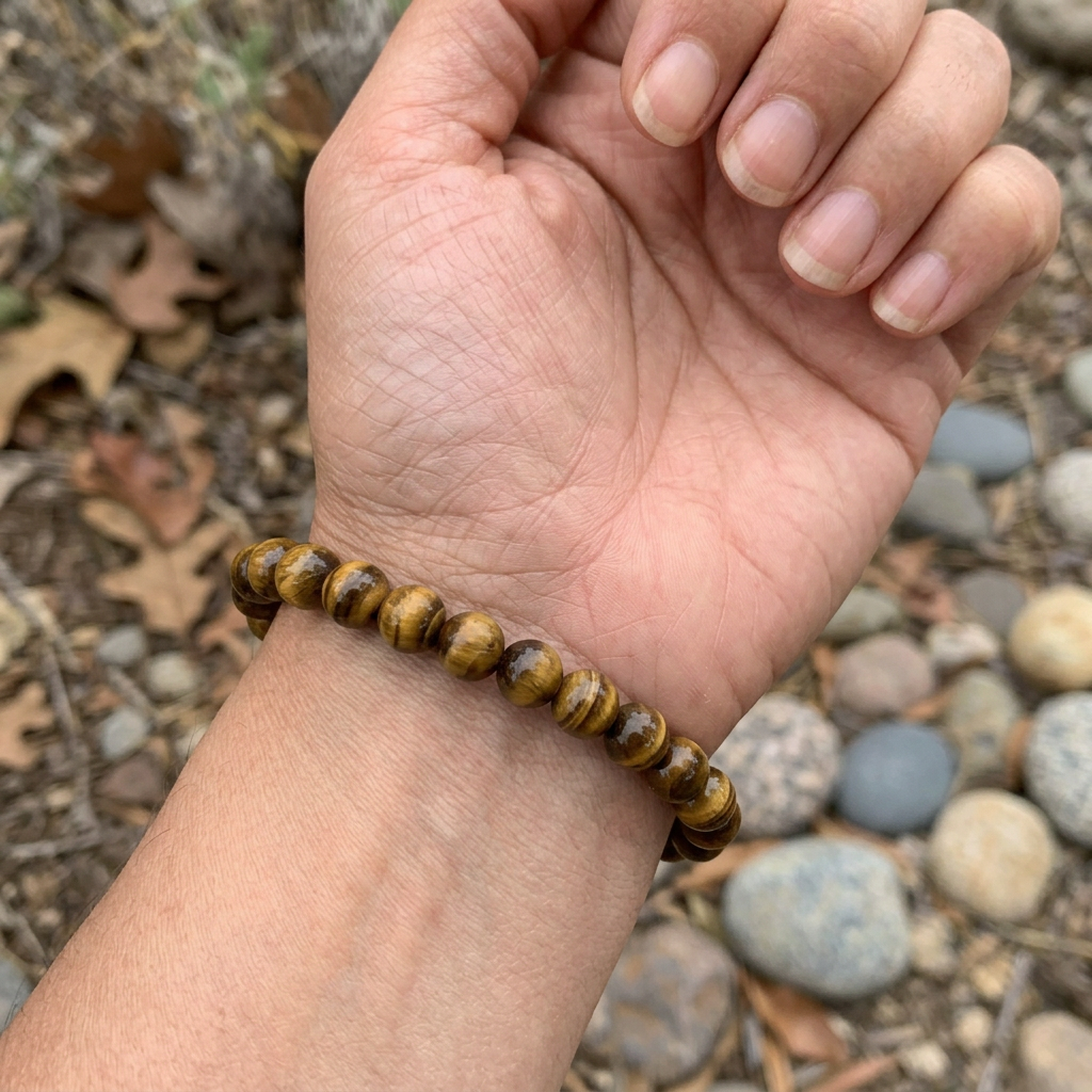 Hand holding a polished golden-brown tiger’s eye stone
