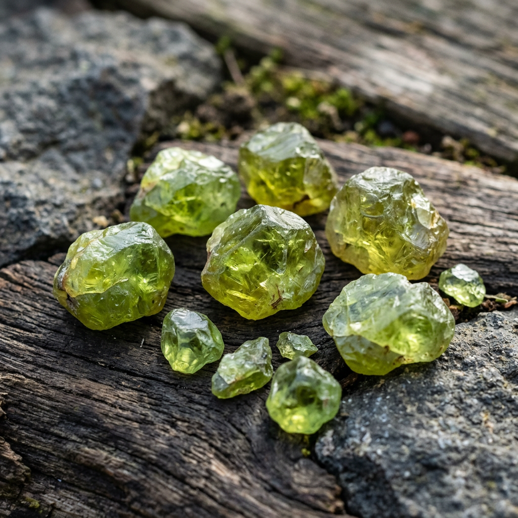Cluster of translucent green stones on weathered wood and stone